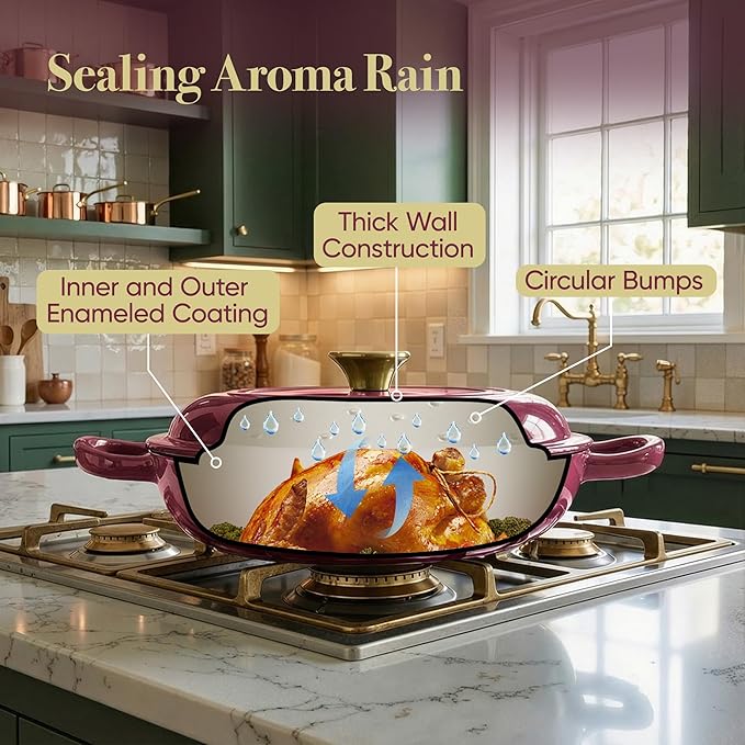 Vintage Style 3 Quart Enameled Cast Iron Braiser, Non Stick Enameled Cast Iron Skillet with Lid, Dutch Oven Skillet with lid up to 500°F for Oven, Stove, Grill, Shallow Dutch Oven for Cook, Bake (Rose)