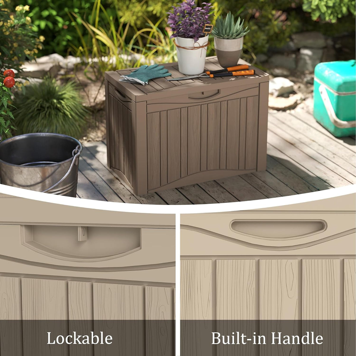 50 Gallon Lockable Resin Deck Box, Waterproof & UV-Resistant Outdoor Storage Box for Outdoor Cushion Storage, Garden Tools & Pool Accessories Storage, Gray
