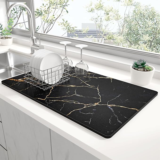 Rnivvi Dish Drying Mat for Kitchen Counter, 12 x 19" Cute Marble Super Absorbent Draining Pad, Non-Slip Heat Resistant Coffee Bar Mats for Coffee Machine Station Accessories, Black Gold Dish Rack Pad