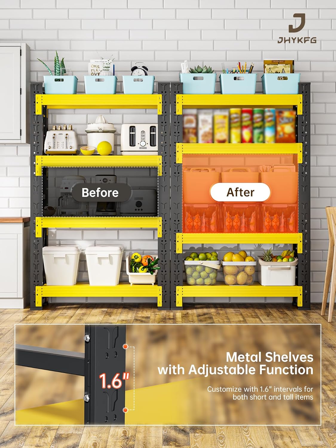 4-Tier Storage Shelves,79" H Heavy-Duty Garage Shelving Unit,Adjustable Industrial Metal Shelf System,4,500lbs Capacity,Tool Organizer for Garage,Workshop,60" W*20" D*79" H,Black&Yellow