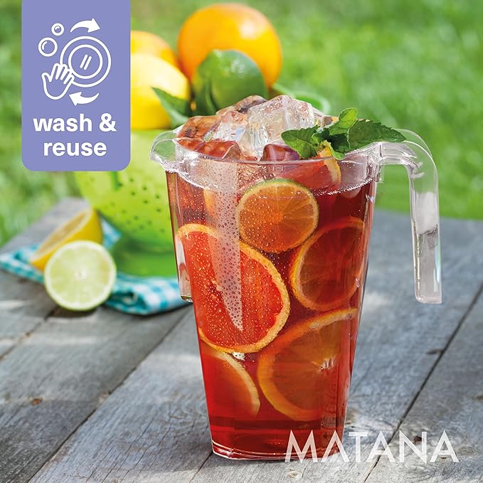 MATANA 6 Pack Clear Water Pitchers - 52 oz Plastic Beer Pitcher with Handle for Drinks, Juice, Lemonade, Beverages - BPA-Free Iced Tea Pitcher for Fridge, Home, Party, Event