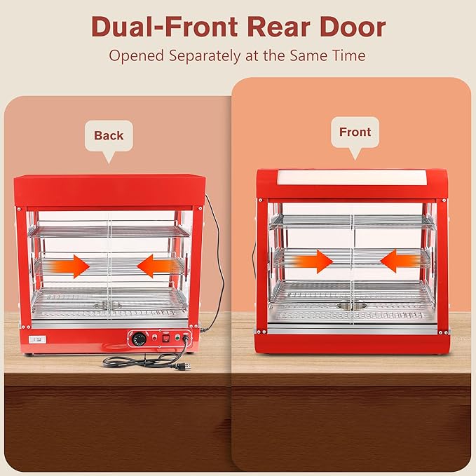 Whalefall 3-Tier Food Warmers Countertop, 27 inch Commercial Warm for Food Pizza Warmer w/ 3D Heating with Stainless Frame Sliding Glass Doors Pastry Display Case for Buffet Restaurant,Red