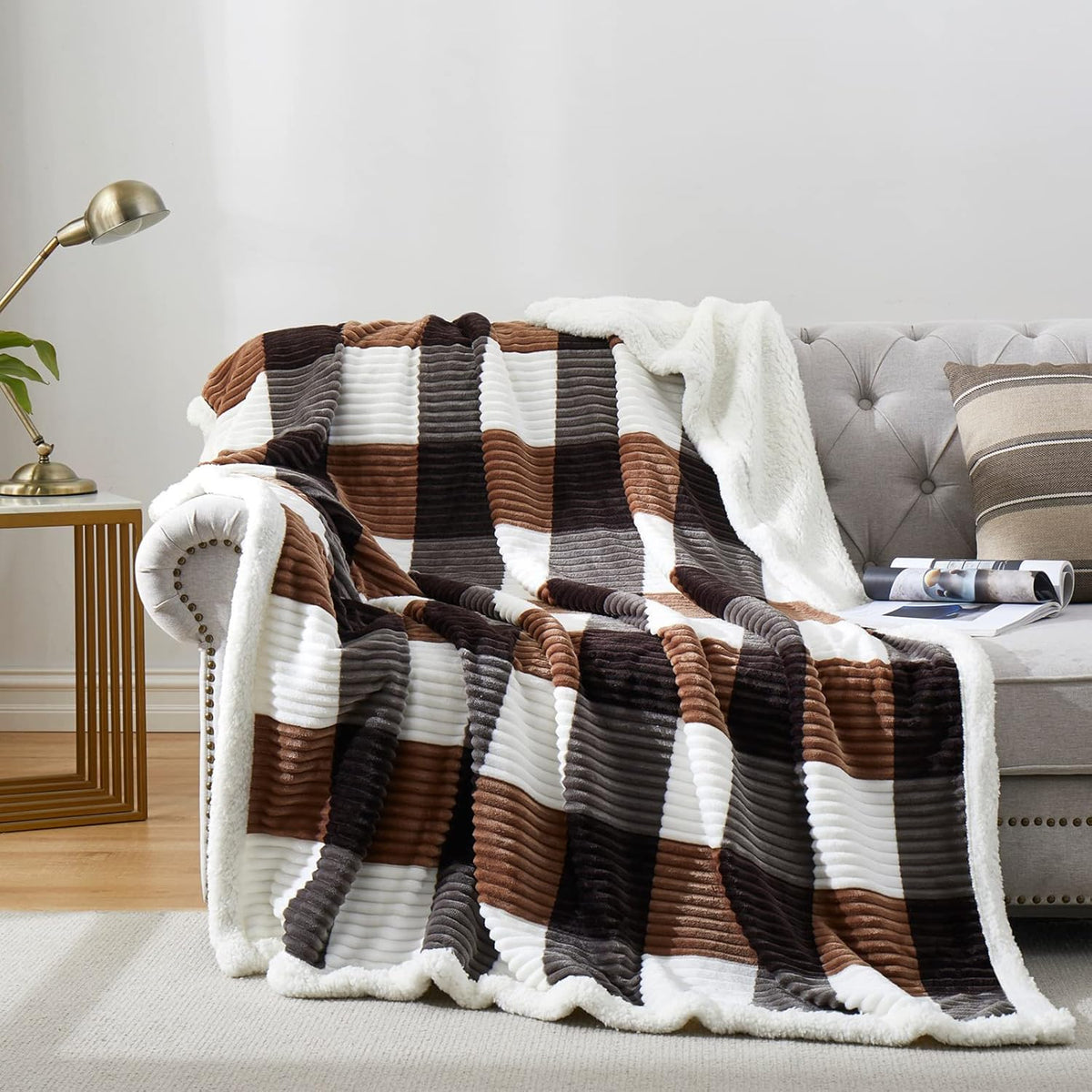 PU MEI Sherpa Blanket Full/Queen Plaid Thick Bed Blanket, 90”*80” Super Soft Flannel Fuzzy Fleece Reversible Velvet Plush Warm Blanket for Couch (Brown-Check, 80"*90")
