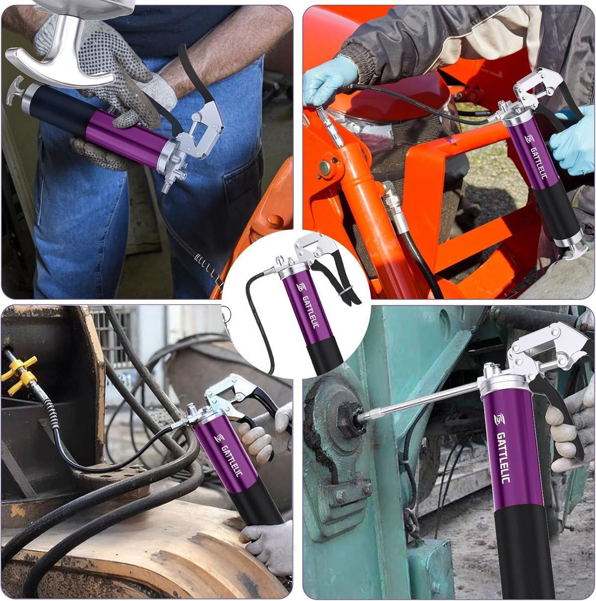 8000 PSI Heavy Duty Grease Gun Kit - 14oz with Flex Hose, Sharp Nozzle, Extension Pipe & Coupler, Purple