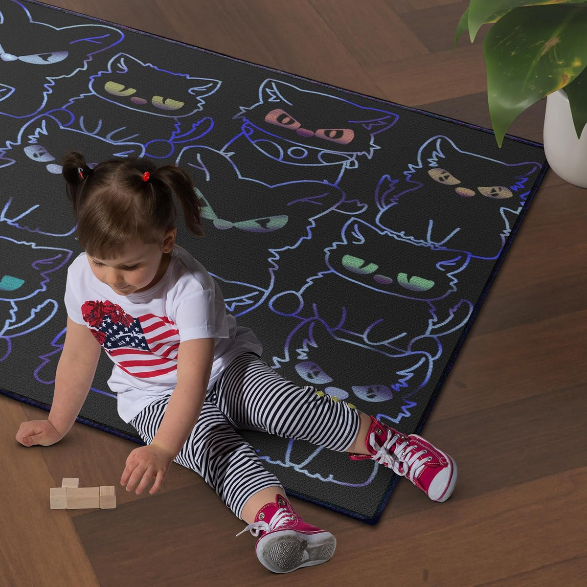 Black Play Cat Rug for Playroom for Boys Girls 59"x39" Funny Cute Cat Cartoon Decor for Bedroom Living Room Non-Slip Comfy Floor Casual Mat Carpet Washable