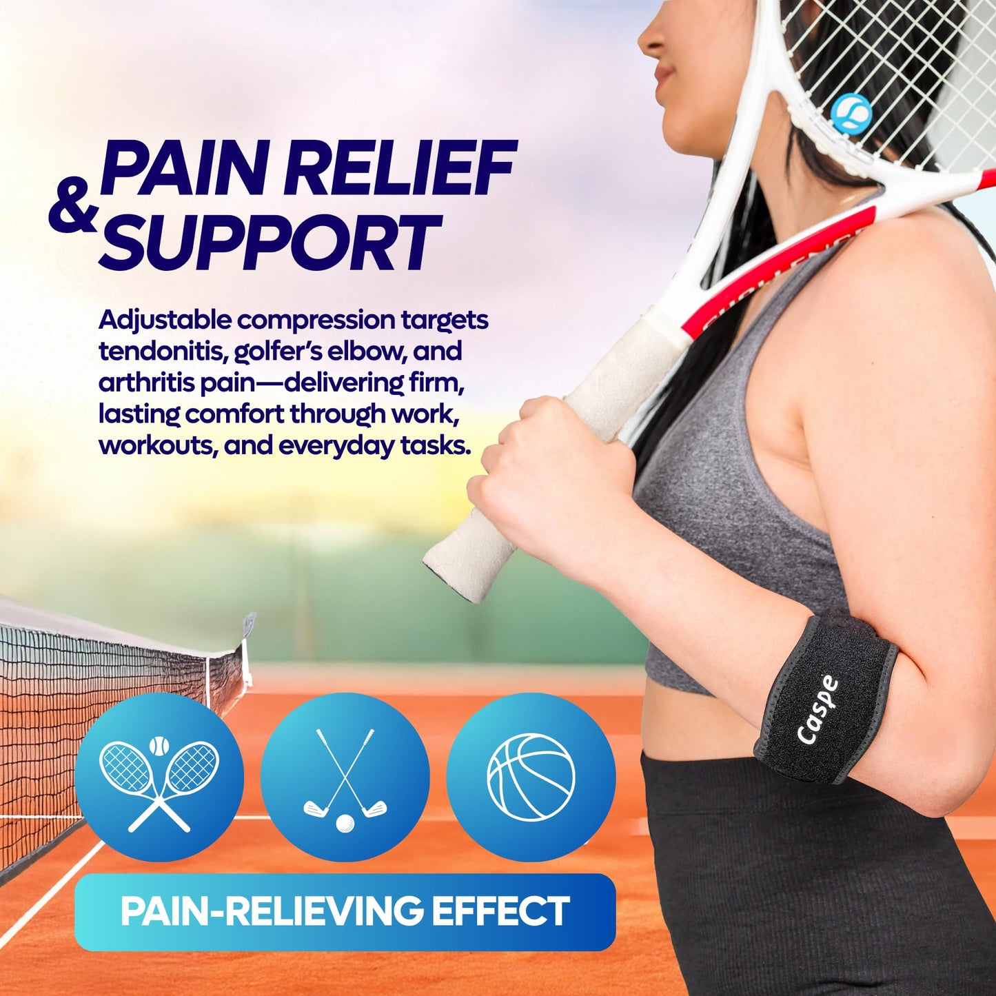 Caspe 2 Pack Tennis Elbow Brace for Men and Women – Adjustable Arm Brace for Tendonitis, Golfer’s Elbow and Bursitis – Arm Band & Counterforce Forearm Support, Daily Use Pain Relief – Blue