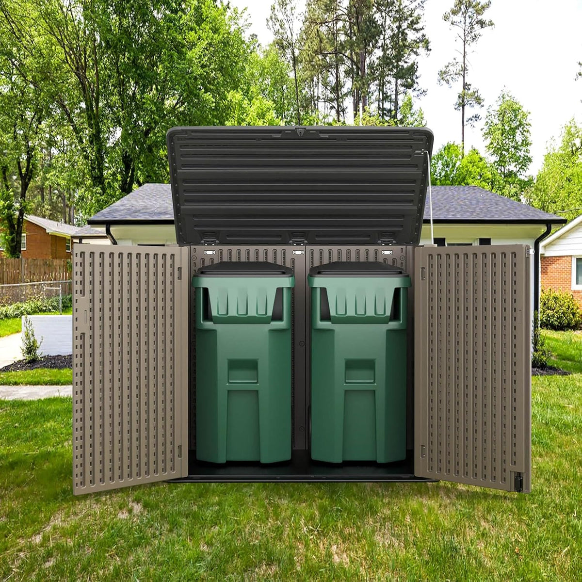 HOMSPARK Storage Shed Weather Resistance, Multi-Purpose Outdoor Storage Cabinet Waterproof, Outdoor Storage Cabinet for Bike, Garbage Cans, Lawnmower, Garden Accessories (coffee, Extra Large-48 cu ft)