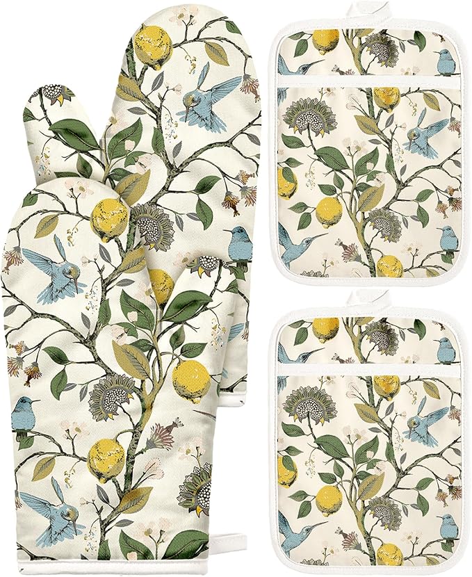 Miss Adola Cotton Oven Mitts and Pot Holders Sets - Quilted Lining Heat Resistant 4 Pieces Set with Hanging Loop Cute Farmhouse Boho Spring Kitchen Decor and Accessories, Lemon Bird