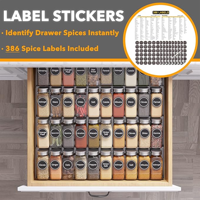 SpaceAid Spice Drawer Organizer with 40 Spice Jars, 386 Spice Labels, 4 Tier Seasoning Rack Tray Insert for Kitchen Drawers, 18.5" Wide x 17.5" Deep