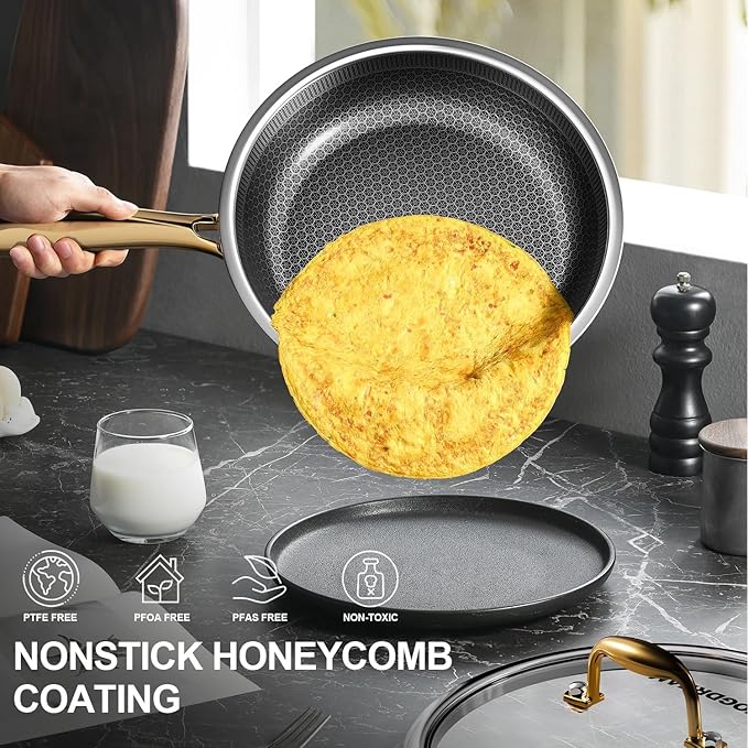 FogDream 12 Inch Stainless Steel Frying Pan with Lid, Honeycomb Hybrid Nonstick Skillet for Induction & All Cooktops, PFAS/PFOA/PTFE Free, Oven Safe to 500°F, Stay-Cool Handle, Dishwasher Safe, Gold
