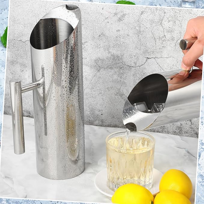 Funnymoom 6 Pack 53oz/1.5l Stainless Steel Water Pitcher Modern Metal Pitcher with Ice Guard Silver Carafe Drink with Handle or Iced Hot Drink Tea Juice Coffee Beer