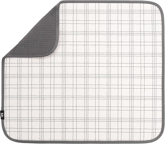 S&T INC. Dish Drying Mat, 16” x 18”, Absorbent Microfiber Kitchen Counter Mat, Dish Drying Pad for Dishes, Utensils, Pots and Pans, Large, Stitched Plaid