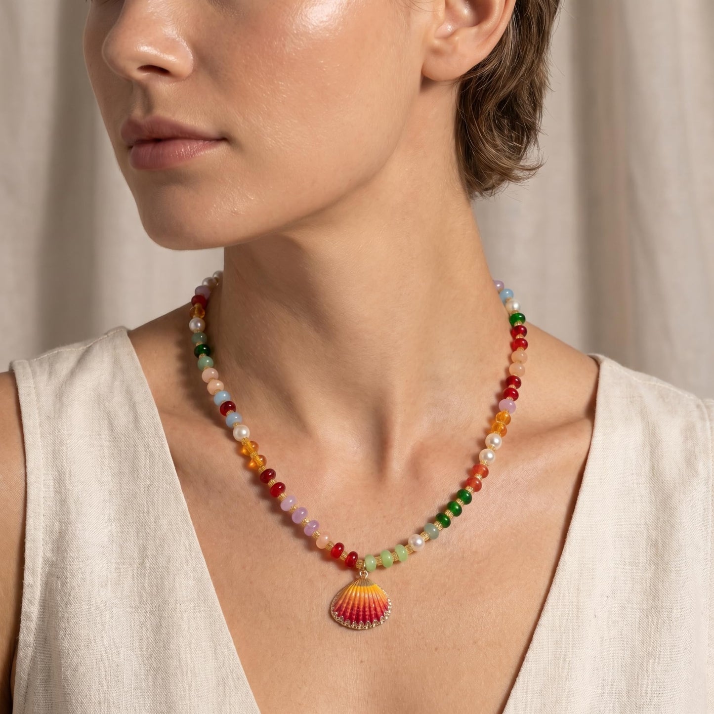 Frigotine Colorful Beaded Pearl Necklace for Women, Cute Orange Shell Pendant Trendy Summer Beach Boho Jewelry Gift