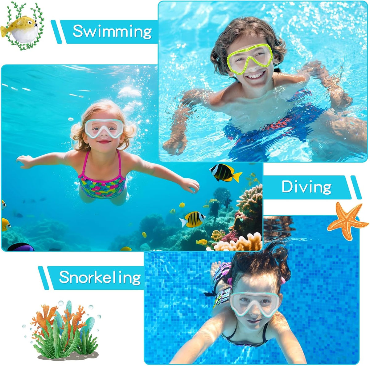 Kids Swim Goggles with Nose Cover, Snorkel Diving Mask Anti-Fog Anti-UV, Snorkeling Gear Swimming Goggles for Kids 3-14 2PCS