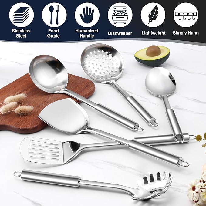 E-far Stainless Steel Kitchen Utensils Set, 39-Piece Cooking Utensils Set with Holder, Non-toxic Metal Heat Resistant Kitchen Gadgets Cookware Tool Spatula Set for Cooking, Dishwasher Safe