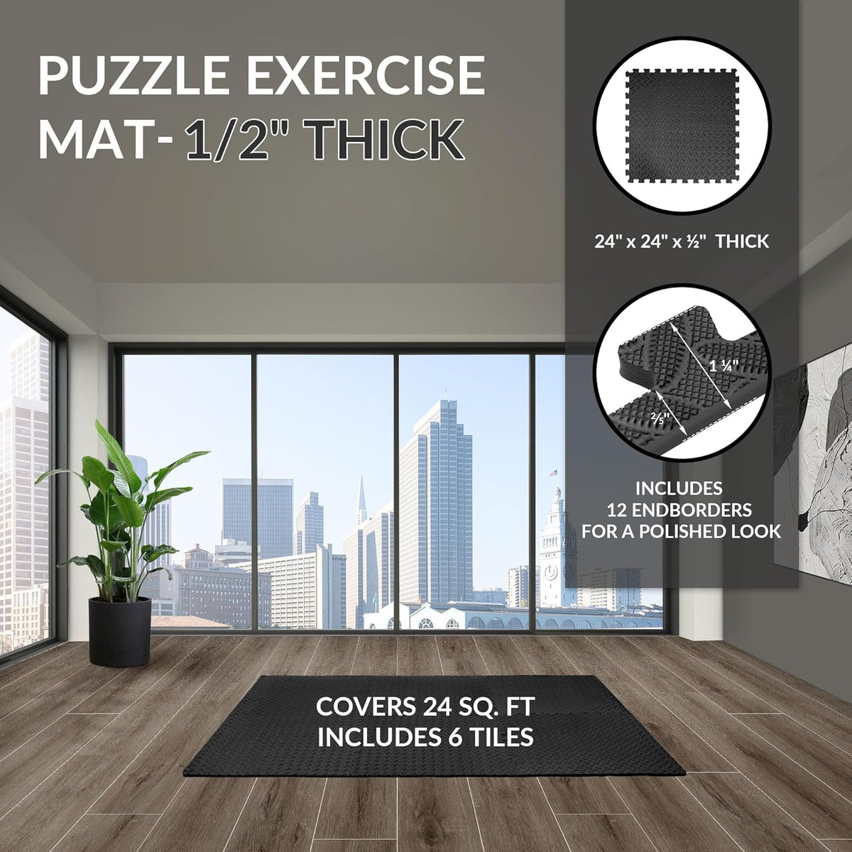 Puzzle Exercise Gym Flooring Mat, 1/2" Thick High-Density EVA Interlocking Tiles Workout Mat for Home Gym, Fitness Equipment, MMA, Gymnastics, 6-Piece Shock-Absorbing Exercise Mat (24 Sq Ft)