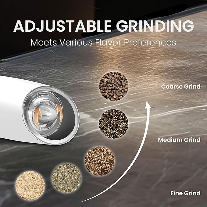 Battery Operated Salt And Pepper Grinder Set with LED Light, Automatic Electric Gravity Salt And Pepper Shakers Set, Each 6 AAA Batteries Needed, Adjustable Roughness, 2 Pack (White)