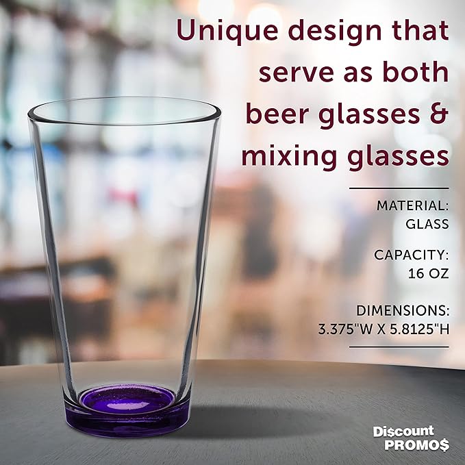 DISCOUNT PROMOS Arc Pint Glass 16 oz. Set of 10, Bulk Pack - Beer Glasses, Heavy Duty Drinkware - Purple