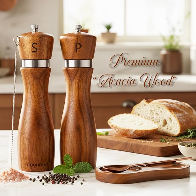 Premium Acacia Wood Salt & Pepper Grinder Set, 8-Inch Manual Mills with Adjustable Coarseness, Ceramic Core, Matching Tray, Spoon & Cleaning Brush – 2 Pack