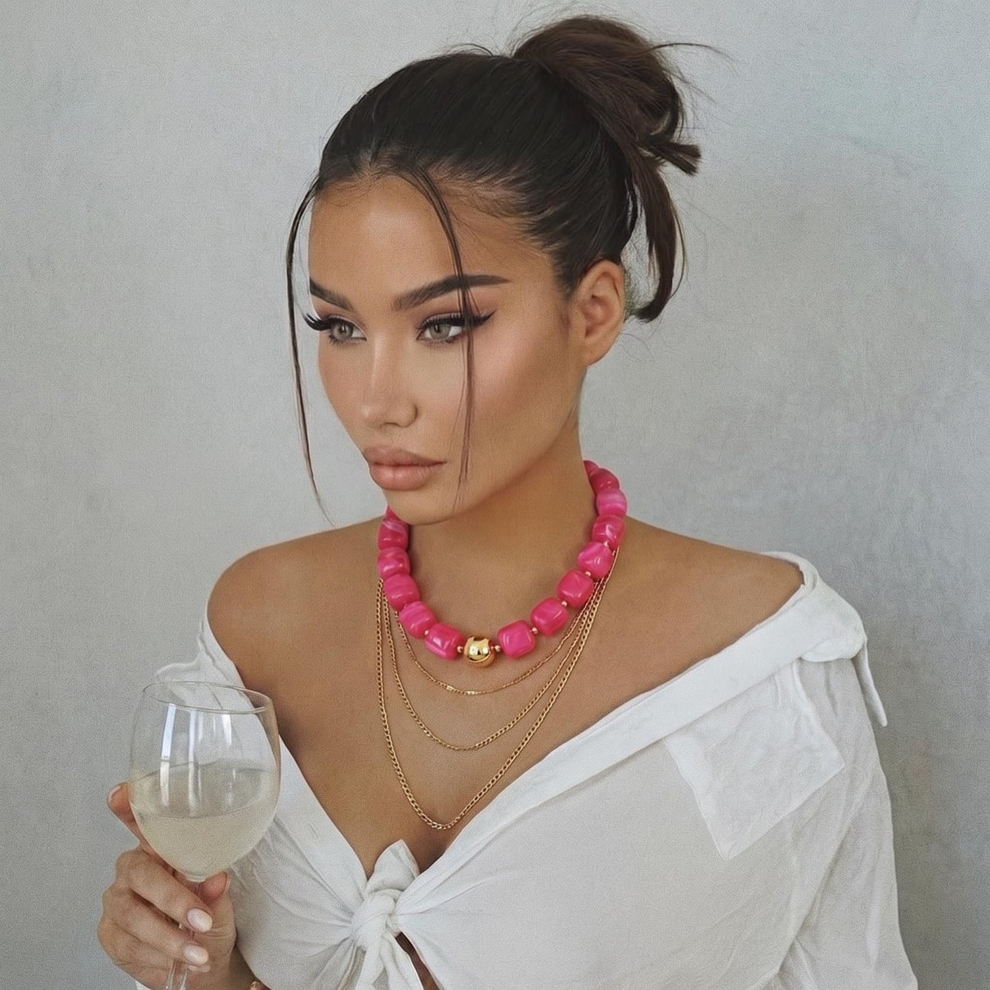 BREPINE Hot Pink Chunky Necklaces for Women Multicolored Large Square Resin Beads Necklace Trendy Bold Statement Beaded Summer Candy jelly Vacation Choker