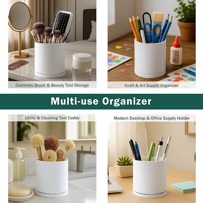 D'vine Dev 360° Rotating Utensil Holder Set – 7.2"+5" Kitchen Utensil Crocks for Countertop, Modern Cooking Tool Organizers for Kitchen Storage +Décor, White, Set of 2, 72-Z-A-1