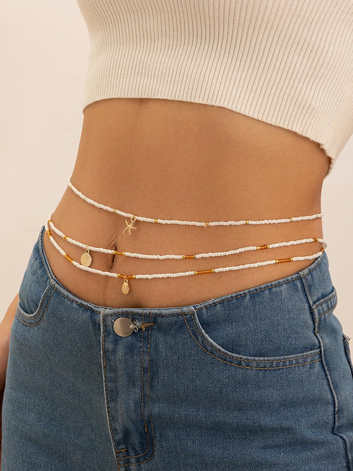 Longita Waist Beads for Women Belly Beads African Waist Bead Tie On Stomach Chain Beaded Waist Beads White Boho Jewelry Summer Beach Jewelry for Hawaiian Vacation