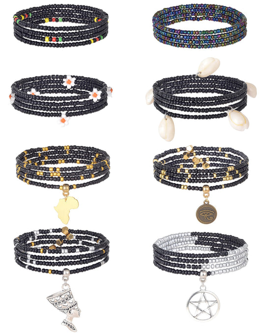 Tornito 8Pcs 31.5 Inches African Waist Bead Chain Elastic Belly Beads Butterfly Shell Layered Body Chain Colorful Jewelry Accessories for Women (B:8Pcs(Black))