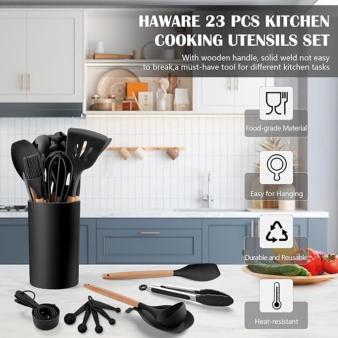 HaWare Kitchen Cooking Utensils Set, 23-Piece Silicone Kitchen Utensils Spatula Set with Holder, Heat Resistant Wooden Handle Kitchen Gadget for Nonstick Cookware, Food-grade Turner Spoon Sets (Black)