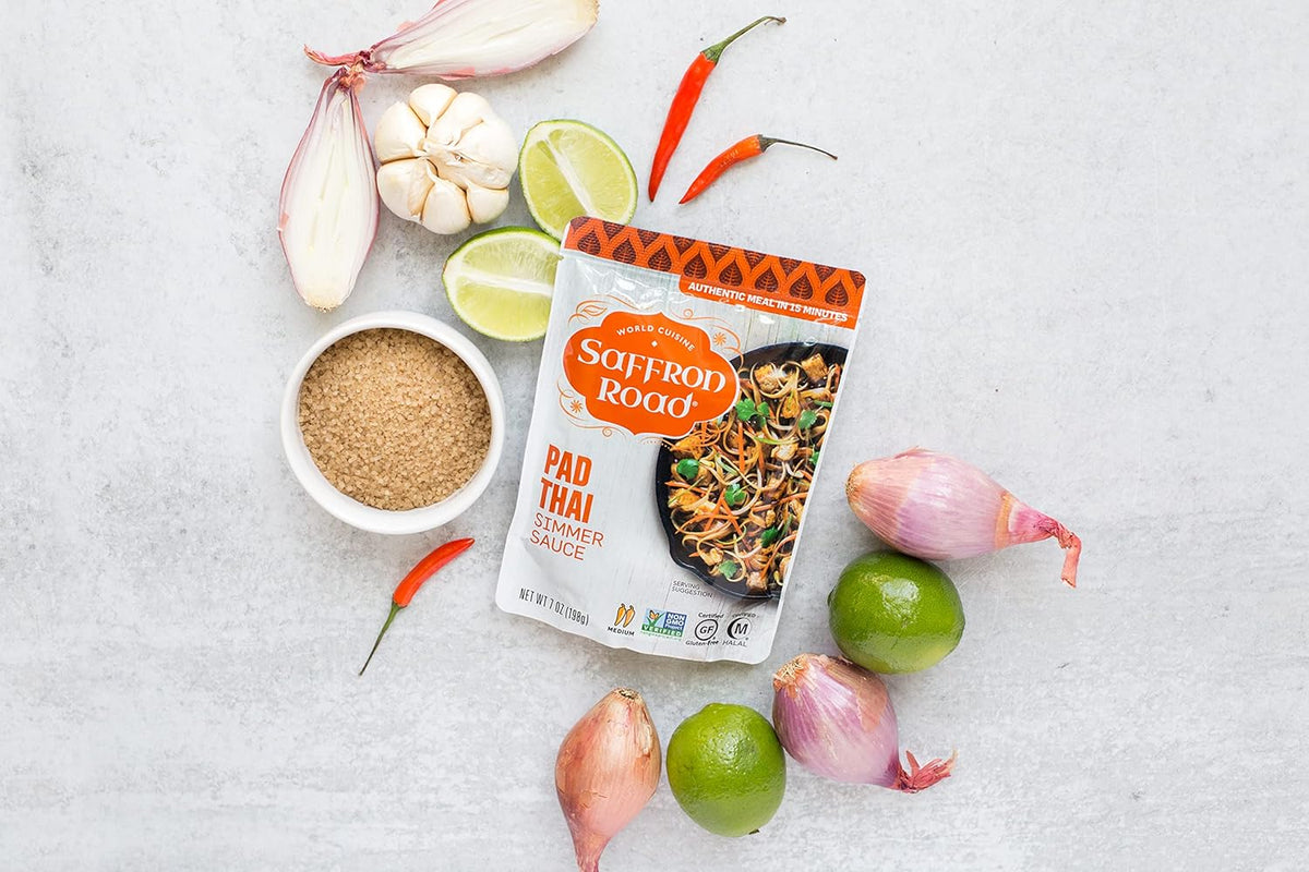 Saffron Road Simmer Sauce Variety Pack | Lemongrass Basil, Coconut Curry, Pad Thai, and Tikka Masala | Vegetarian, Non-GMO, Halal, and Kosher | 7.0oz Pouch | Pack of 4