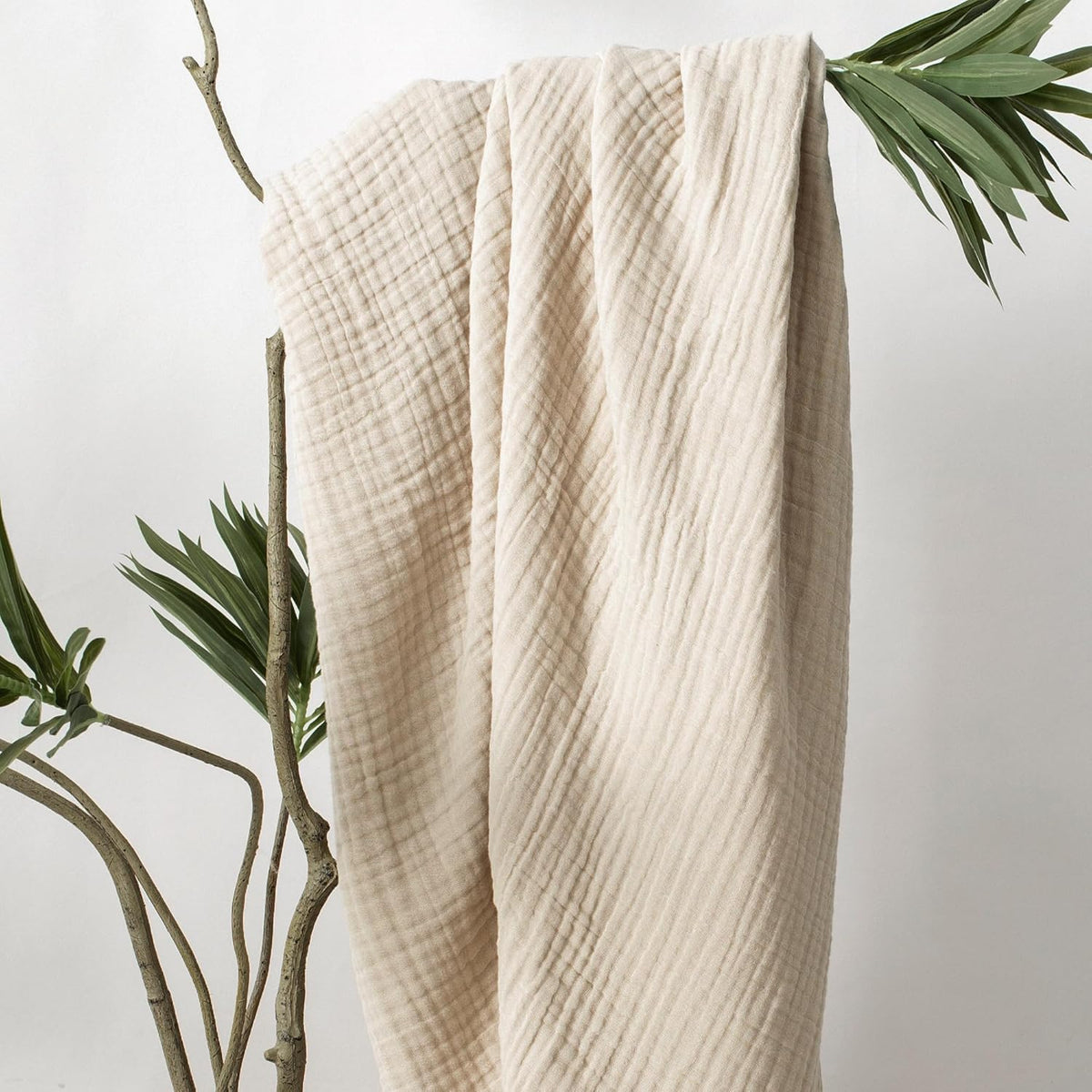 Carriediosa 100% Cotton Muslin Throw Blanket 70" X 80" Twin Size，4-Layers Summer Gauze Throws for Bed Couch，Soft Lightweight Breathable Linen Blankets Bedspread for Adults All Season，Khaki