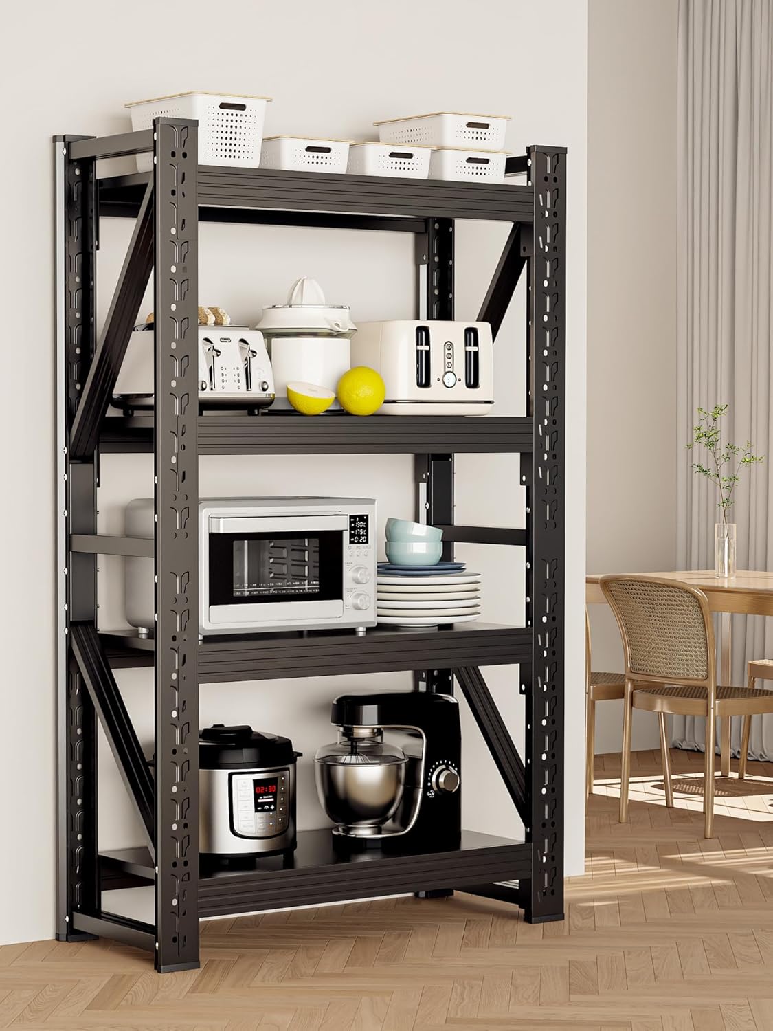 4-Tier Storage Shelves,79" H Heavy-Duty Garage Shelving Unit,Adjustable Industrial Metal Shelf System,4,000lbs Capacity,Tool Organizer for Garage,Workshop,48" W*24" D*79" H,Black
