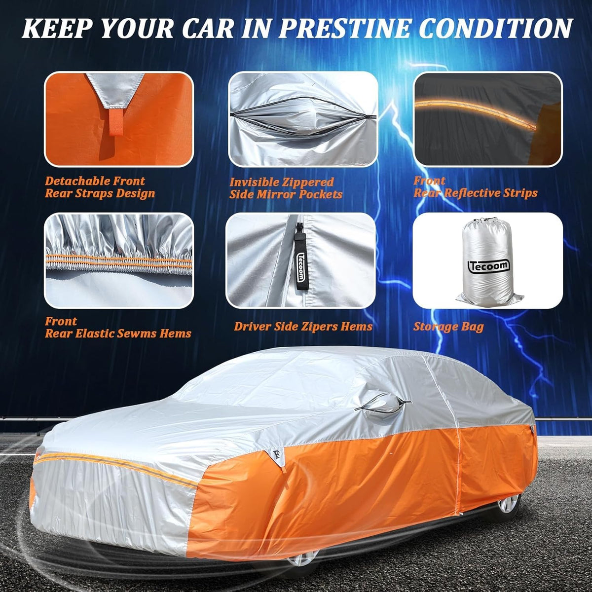 Waterproof Car Cover for Automobiles, All Weather Full Exterior Covers Fit for Toyota Camry Chevrolet Malibu Honda Accord, Universal Windproof Rain Sun UV Protection Car Covers Fit 191"-200" Sedan
