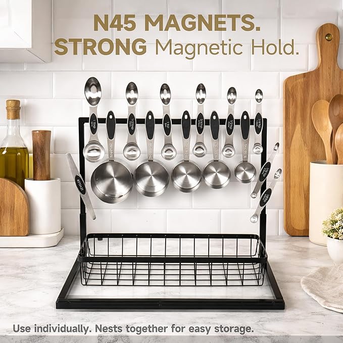 Magnetic Measuring Cups and Spoons Set, Strong N45 Magnets, 304 Stainless Steel, Double-Sided Measuring Spoons, 14-Piece Set with Leveler for Baking & Cooking