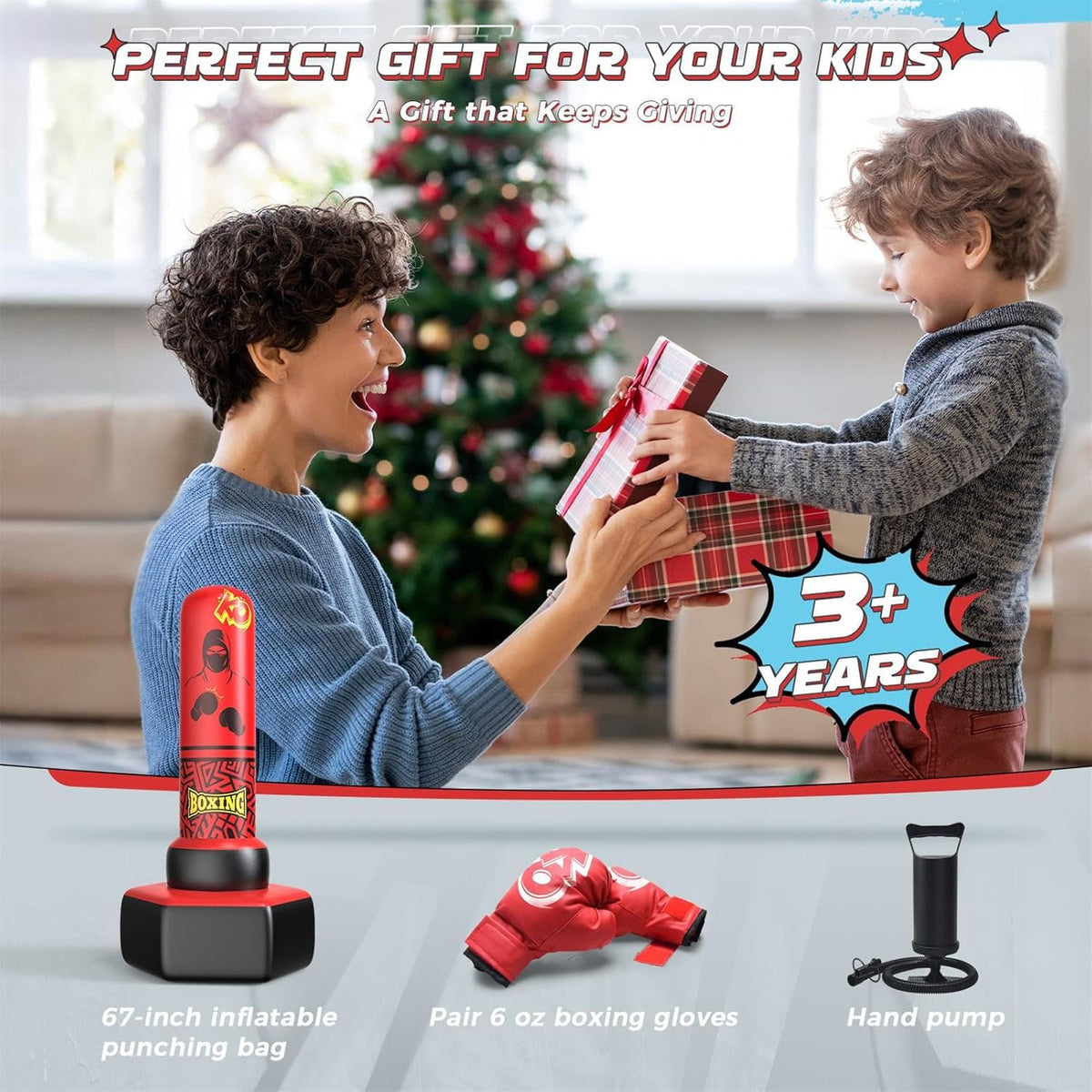 67'' Inflatable Punching Bag Freestanding for Kids Aged 3-12 – Heavy Duty Boxing Set for Karate & Taekwondo, Stable Boxing Bag Active Kids Toy, Christmas Birthday Gift for Boys and Girls