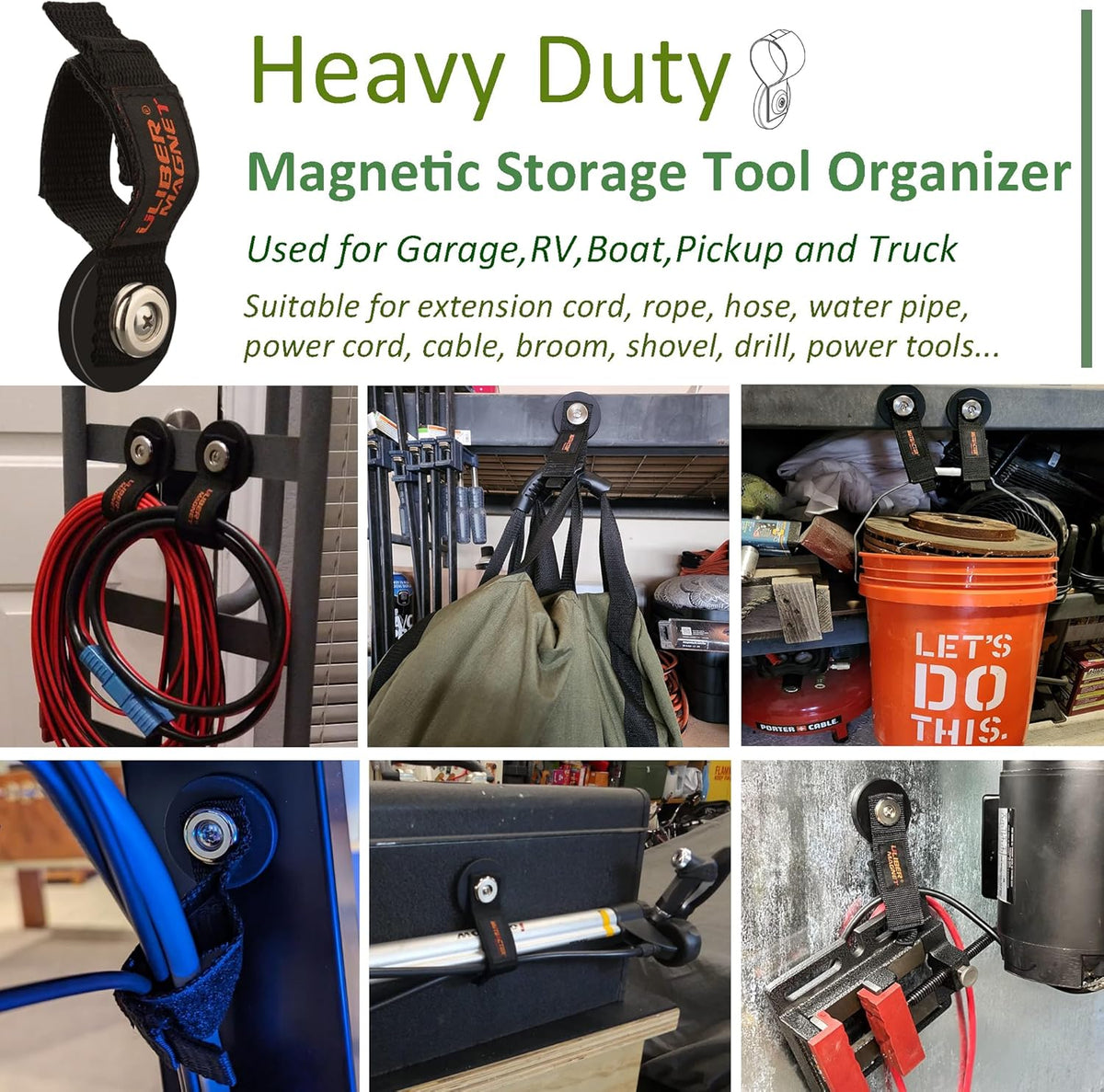 ULIBERMAGNET Strong Magnetic Storage Straps,Heavy Duty Magnetic Garage Storage Tool Organizer,Extension Cord, Cable, Rope,Tools for Garage,Pick-up,RV and Workshop(2 Pack/1.69INCH)