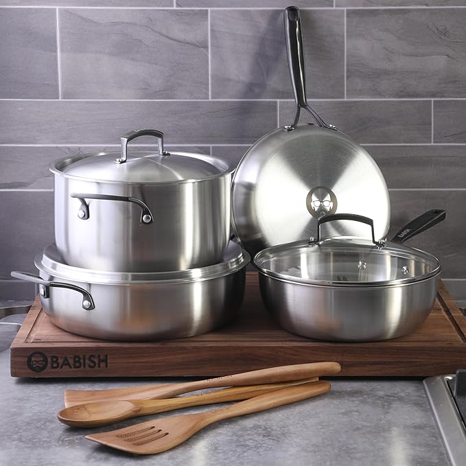 Babish 10-Piece Professional Tri-Ply Non-Toxic Pots and Pans Cookware Set – Durable, Even Heat Distribution