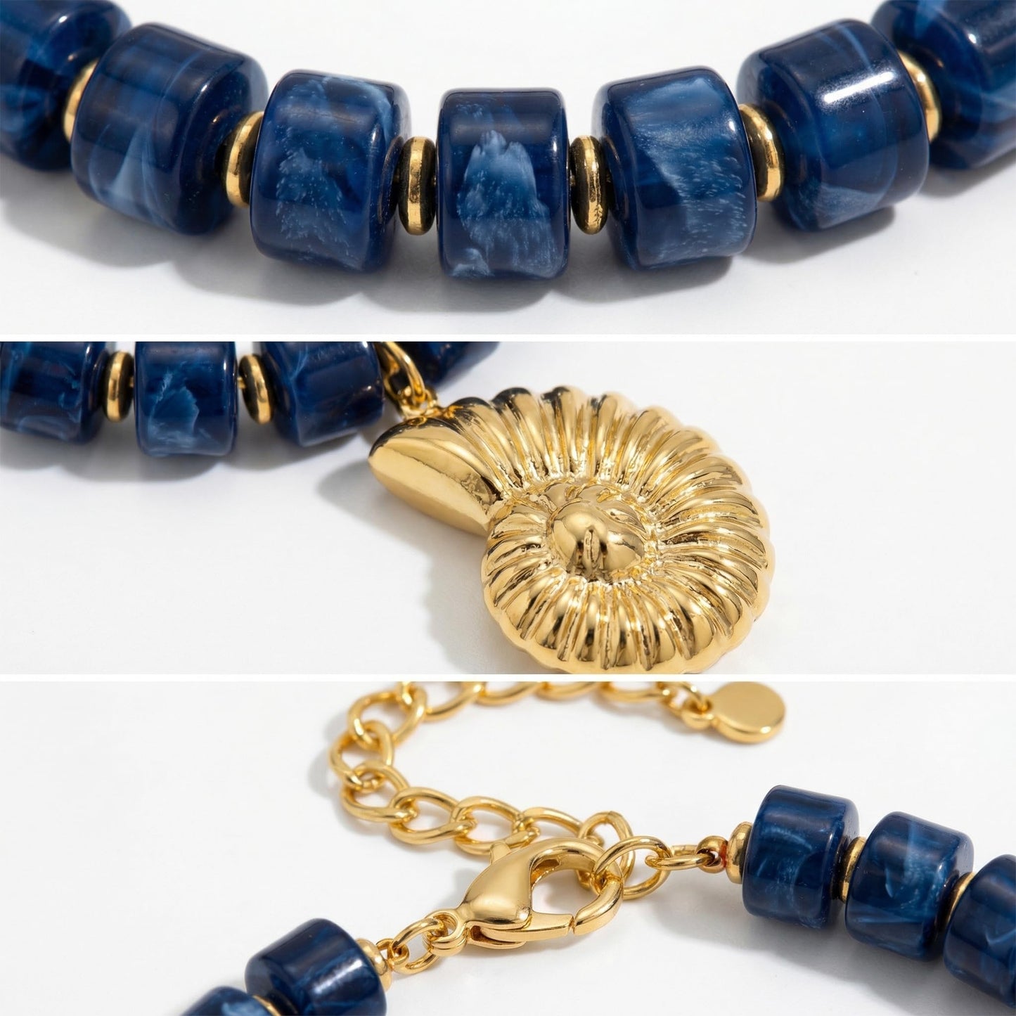 CLASSYZINT Chunky Conch Necklace Blue Beaded with Gold Shell Pendant Boho Summer Party Everyday Wear for Women