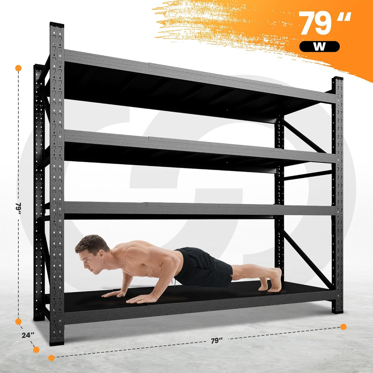 79” W Garage Shelving Heavy Duty, 7000LBS Metal Storage Shelves, 4 Tier Storage Rack Shelf, Steel Industrial Shelving, Adjustable Standing Shelf for Basement/Warehouse 79" W x 24" D x 79" H, Black