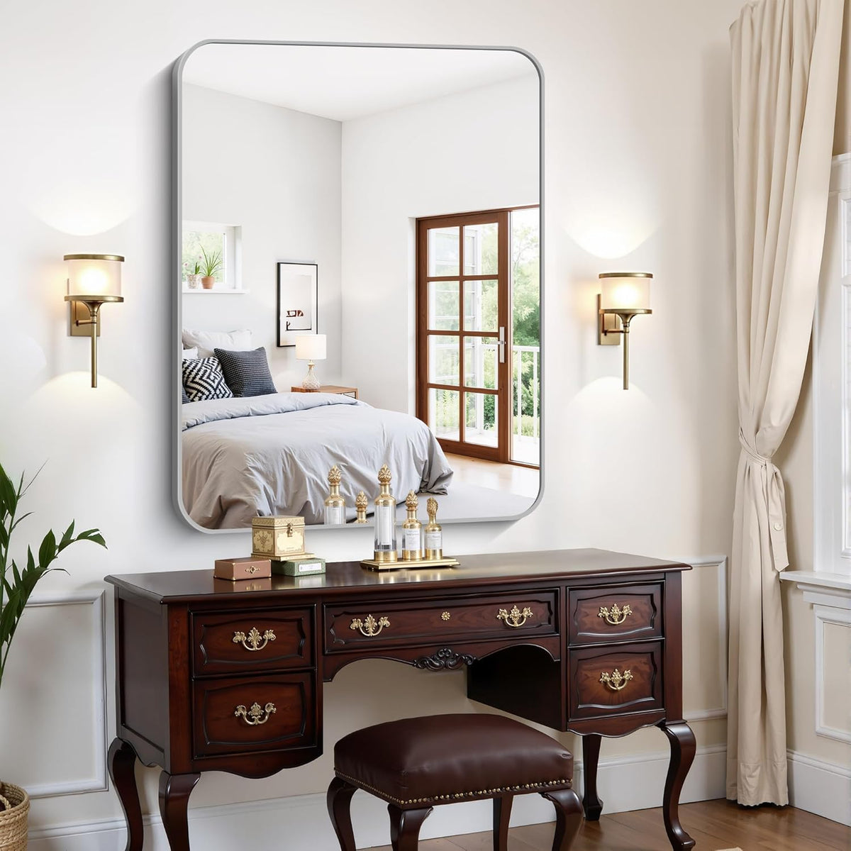 FORBATH 36x48 Inch Silver Bathroom Mirror for Over Sink, Large Rectangular Wall Mirror with Metal Frame, Rounded Corners for Bathroom, Bedroom, Entryway Decor (Horizontal or Vertical)