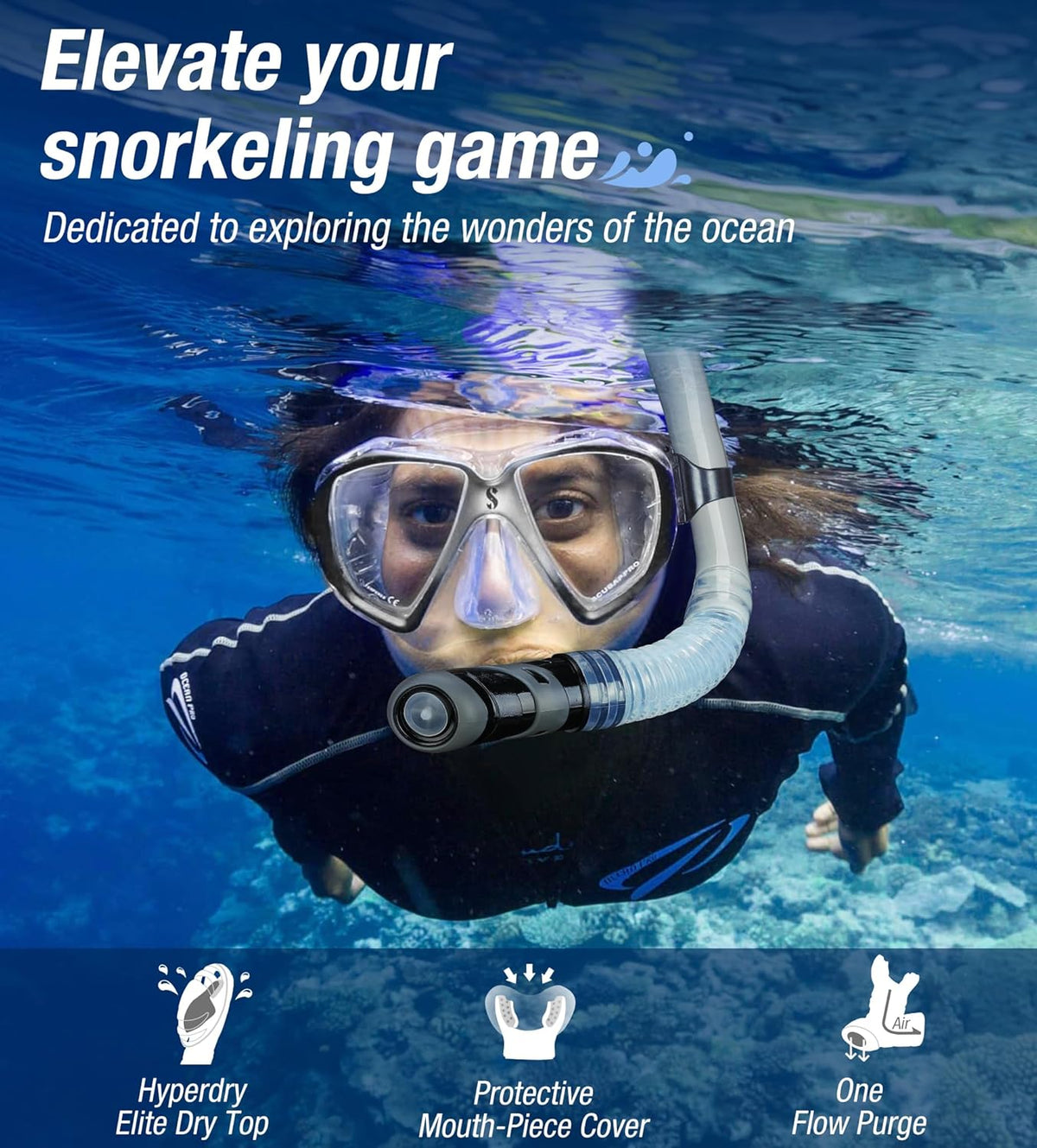 Aegend Dry Snorkel, Dive Mask Easy-Breath Free Diving Snorkel for Snorkeling Scuba Diving Freediving Swimming, with Top Dry Valve and Food-Grade Silicone Mouthpiece
