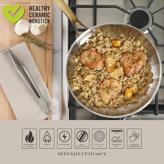 Martha Stewart Castelle 12-Inch Stainless Steel Frying Pan with Gold-Tone Handle – Tri-Ply Encapsulated Bottom, Oven Safe & Induction Safe Skillet for Searing and Sautéing