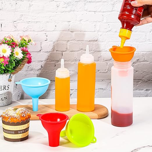 Silicone Funnels 4 Pieces Wide Mouth Funnel Small and Large Flexible Condiment Sauce Canning Set for Squeeze Bottles Jars Cans, Spice Filling Bottles Liquid Oil and Powder(Multi Color)
