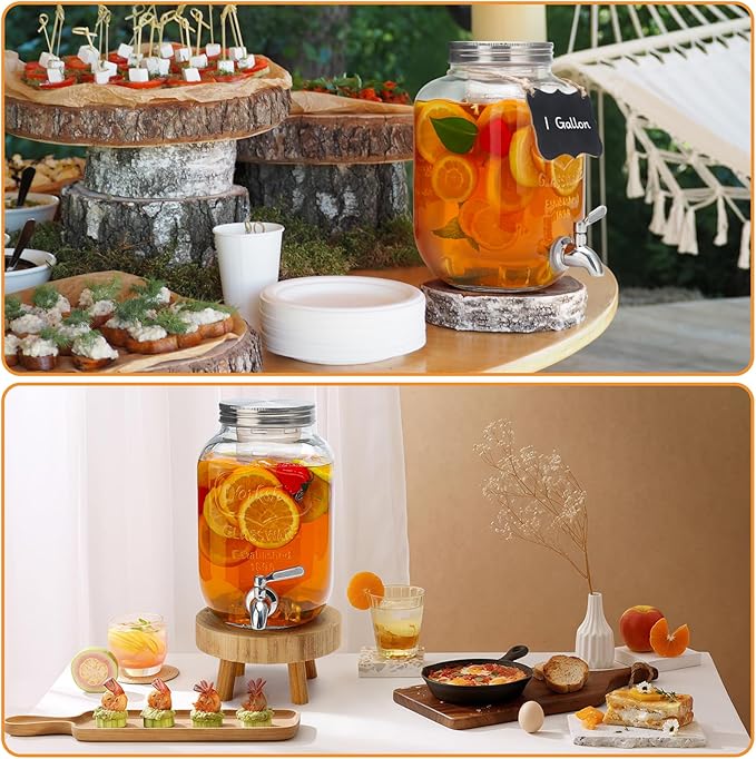 1 Gallon Glass Beverage Dispenser with Lid, Stainless Steel Spigot, Glass Drink Dispensers for Parties, Lemonade Dispenser With Ice Cylinder for Weddings, Party,Sun Tea Jar, Water Juice Dispensers
