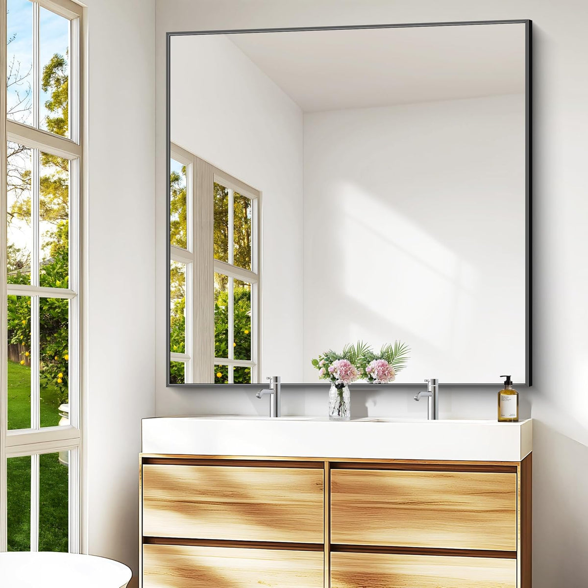 Bathroom Mirror,48x48 inch Large Wall Mirror for Bathroom Wall Mounted,Black Rectangle Wall Mirrors,Square Mirror for Living Room,Farmhouse, Bedroom Entryway, Horizontal/Vertical