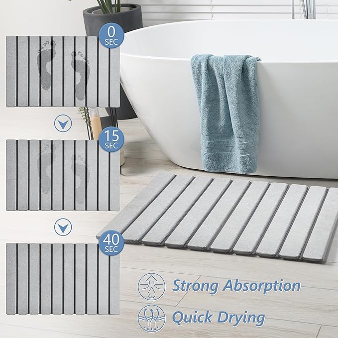 AWW Foldable Stone Bath Mat, Quick Dry Diatomaceous Earth Bath Mat with Non-Slip Mat, Super Absorbent, Easy to Clean, Compact for Small Bathrooms, 23.6 x 15.5, Light Grey
