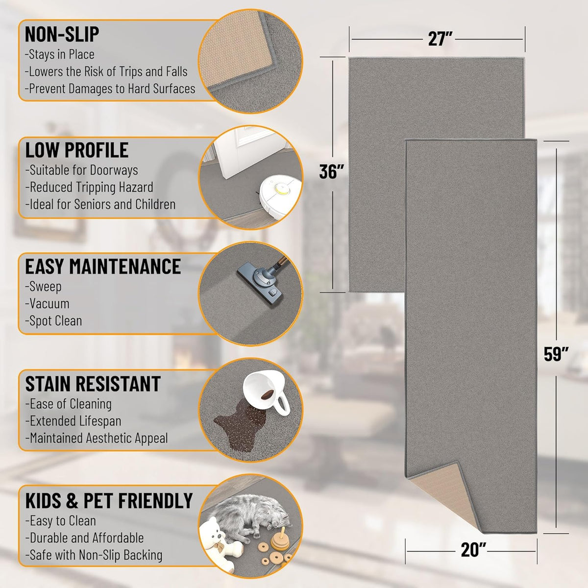 Ottomanson 2-Piece Kitchen Rug Set - Non Slip, Runner & Small Area Rug - Solid - 20" x 59" & 2'3" x 3' - Durable, Stain Resistant for Entryway, Bedroom and Bathroom, Gray