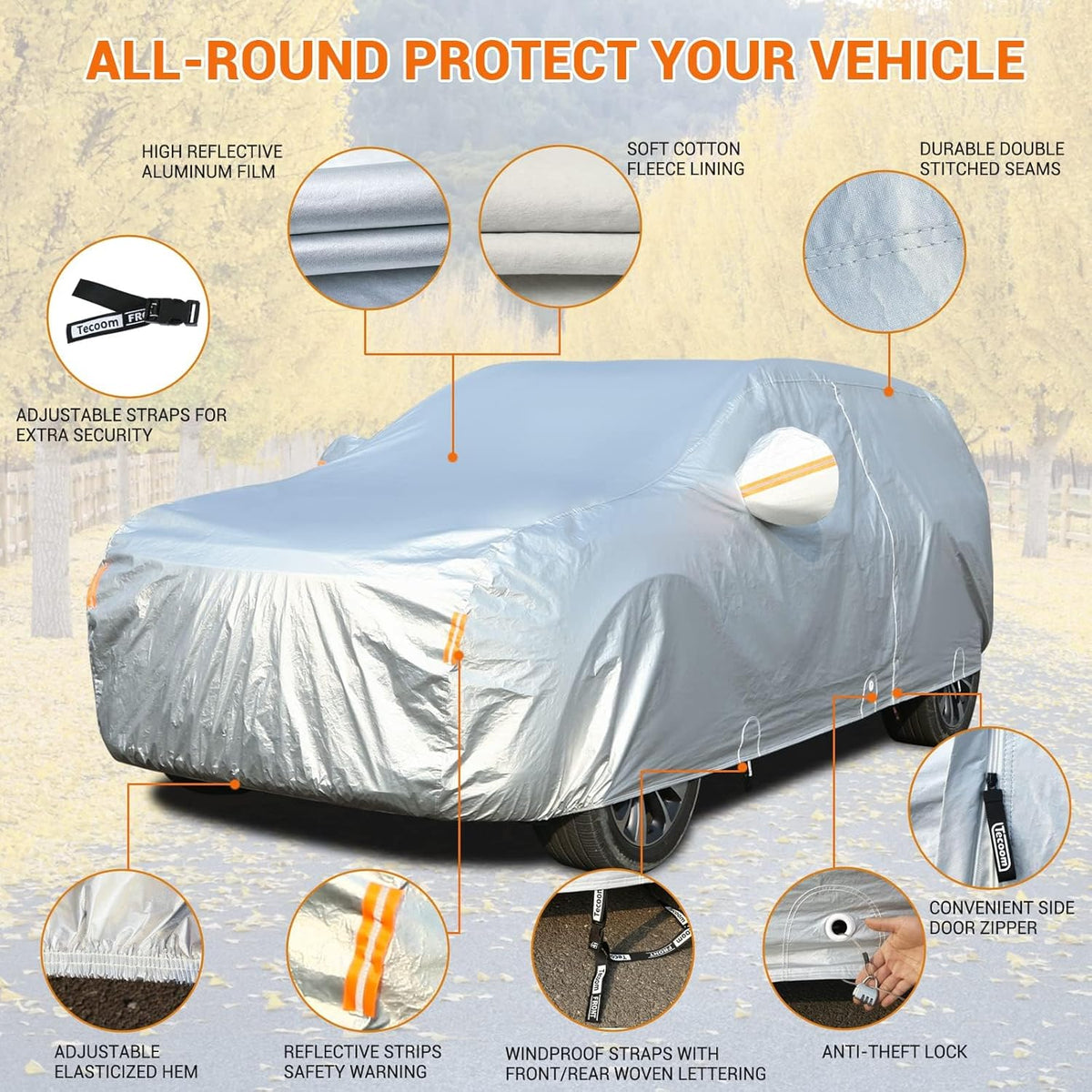 Tecoom Car Cover Waterproof All Weather, Fleece Lining with Zipper Door Lock Car Covers for Automobiles, 3 Layers Full Outdoor Car Cover Wind Snow Hail UV Sun Protection Fit for SUV (191-205 Inch)