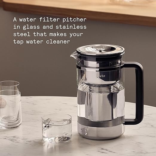 Aarke Purifier Large Glass Pitcher Bundle w/Steel Filter, BPA-Free, 3 Enriched + 1 Pure Granules, 2.8L Pitcher with 1.66L Filtration Capacity