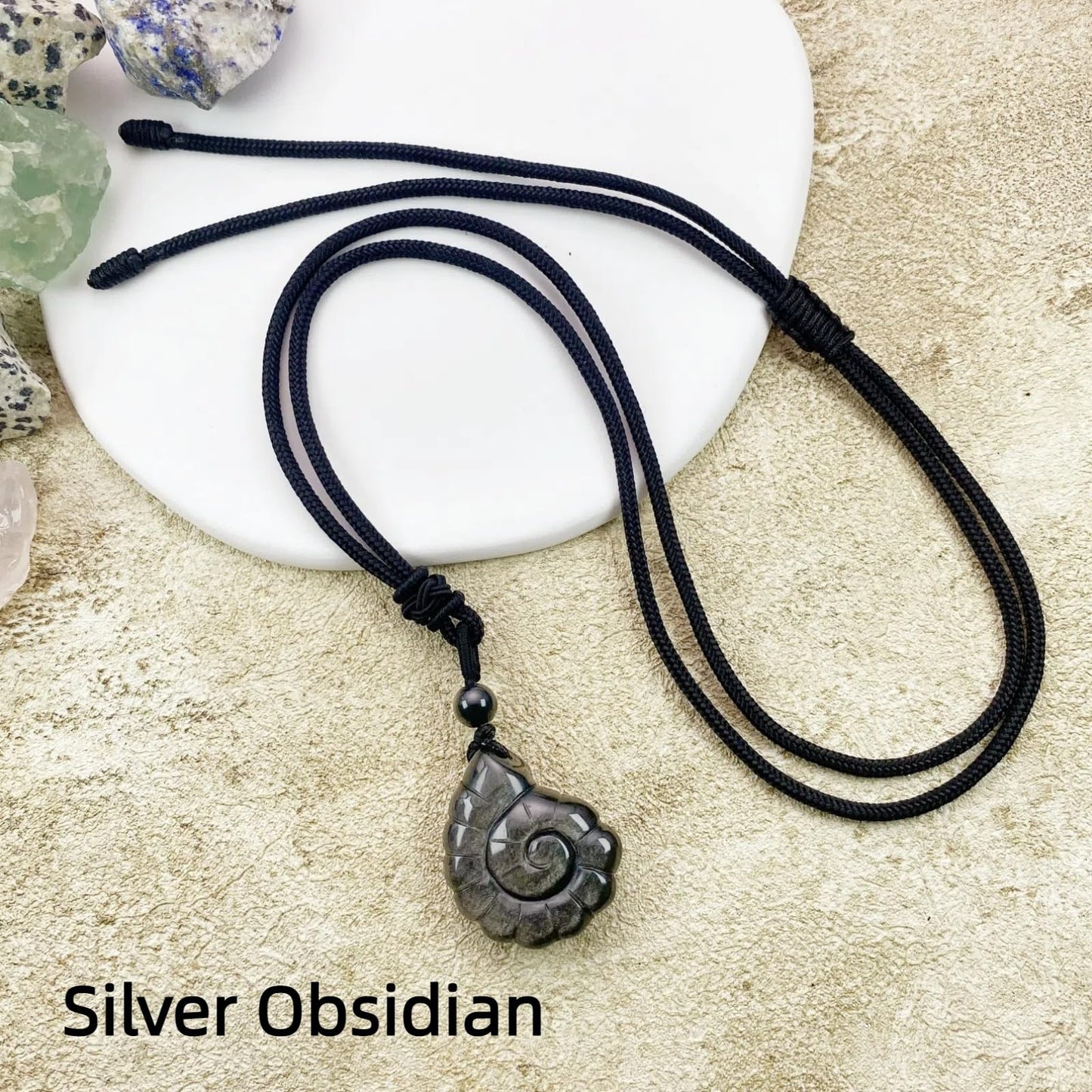EDEN'S CALL Crystal Conch Shell Necklace for Women Healing Stone Ocean Pendant, Boho Beach Necklace with Polished Natural Gemstone Adjustable Cord Worry Stone Jewelry Gift, Silver Obsidian