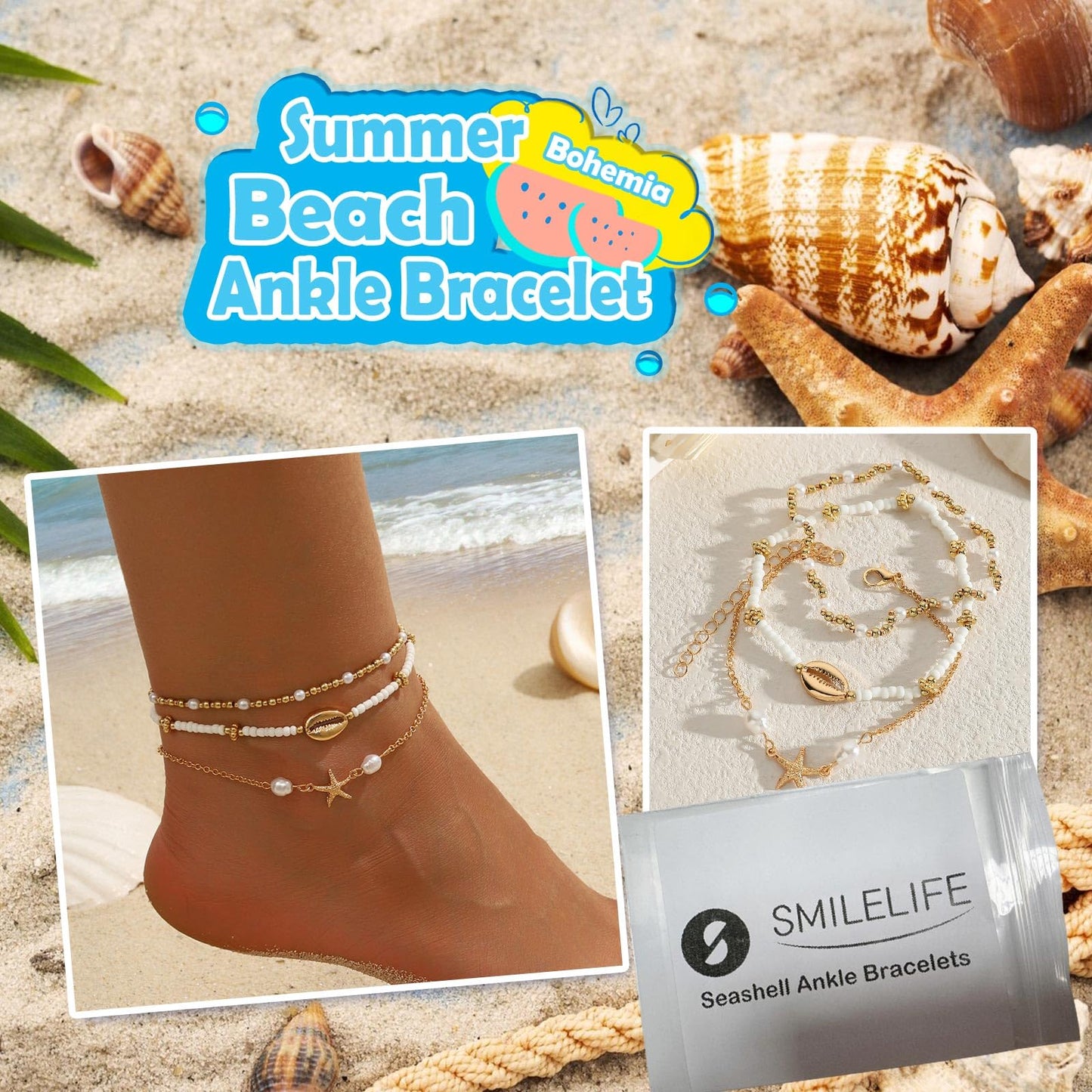 Smilelife Seashell Ankle Bracelets for Women Starfish Bracelets Layered Boho Puka Shell Anklet Cowrie Shell Bracelets Hawaiian Summer Beach Foot Chain Jewelry (Starfish)